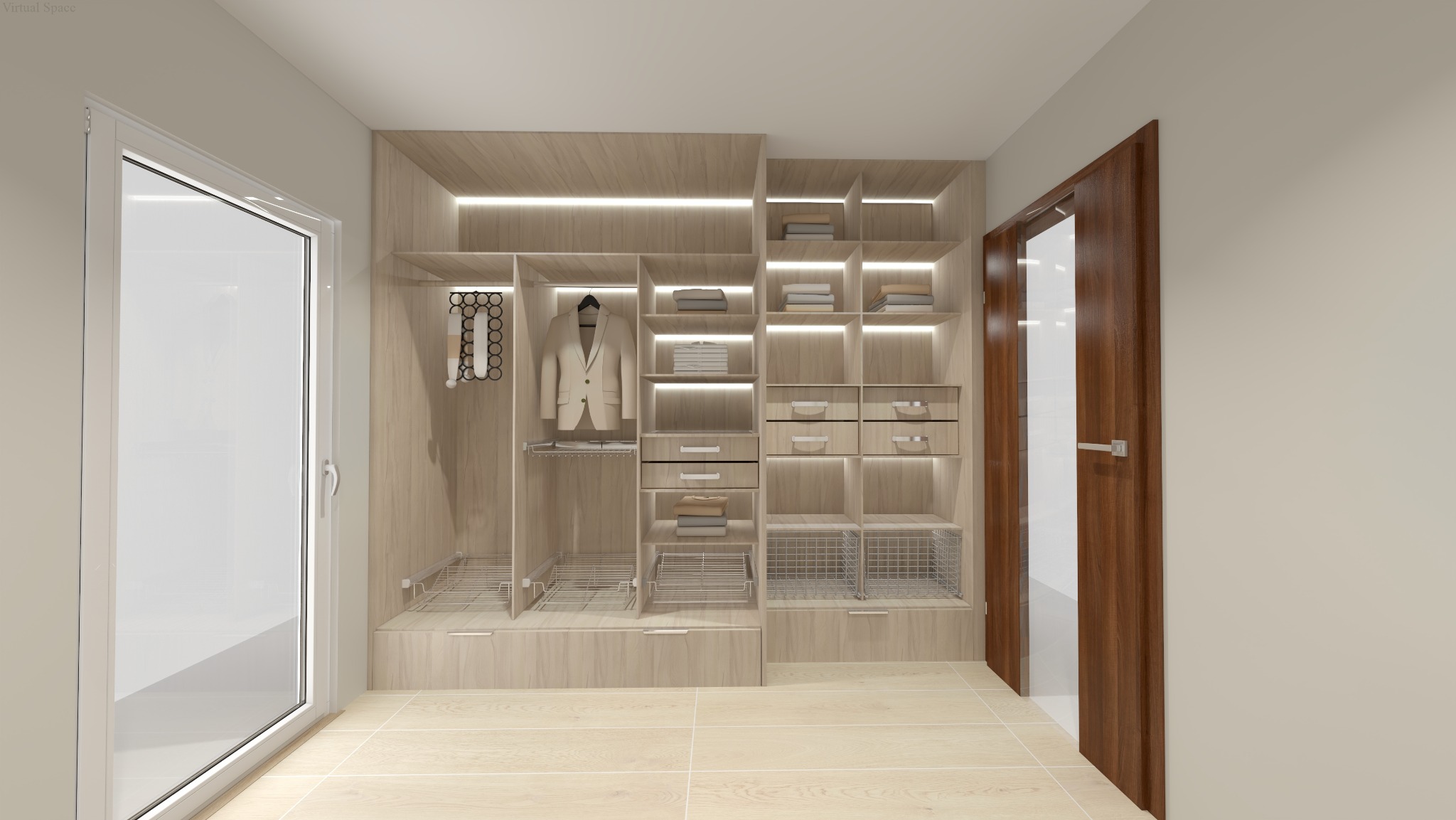 Jasna garderoba z oświetleniem LED, widok z przodu. Ubrania i akcesoria uporządkowane na półkach i w szufladach. Minimalistyczny design, drewnopodobne wykończenie.