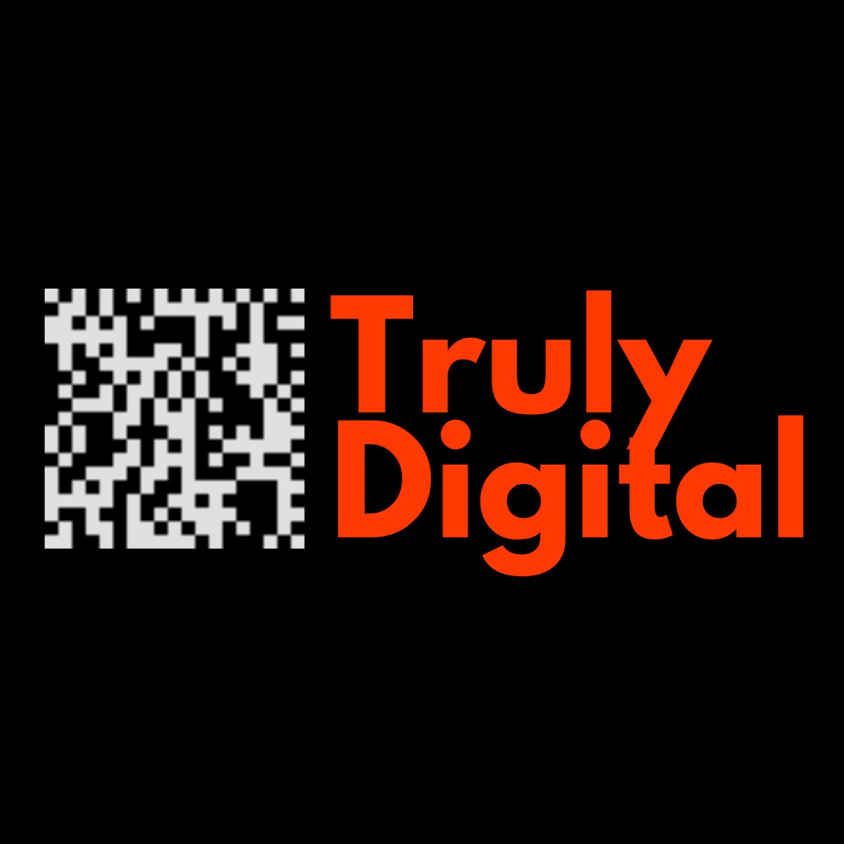 Logo 'Truly Digital' w pomarańczowej czcionce obok kodu QR na czarnym tle. Minimalistyczny design, nowoczesny branding.