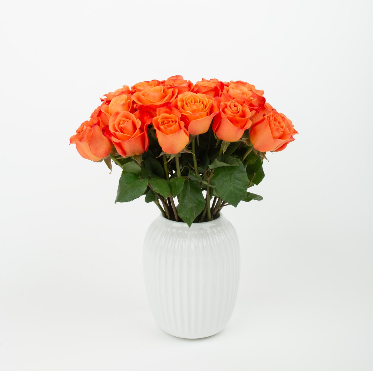 Bukiet pomarańczowych róż w białym, żłobkowanym wazonie na jasnym tle. Energetyczna kompozycja kwiatowa, idealna na prezent lub dekorację wnętrza.