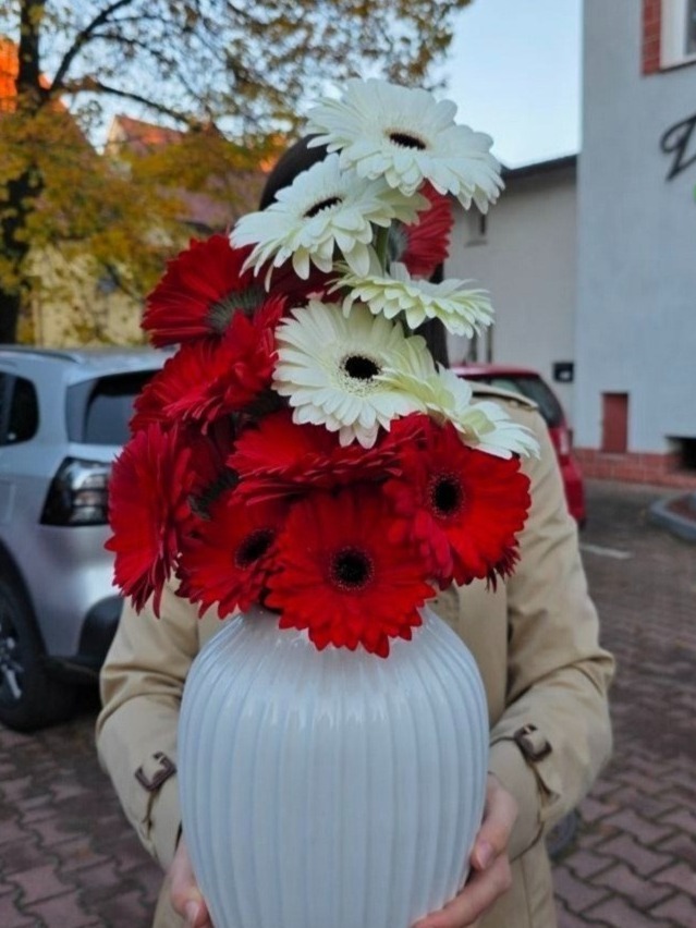 Biało-czerwona kompozycja z gerber w białym, żłobionym wazonie, trzymana przez osobę w beżowym płaszczu. W tle budynek i zaparkowany samochód.