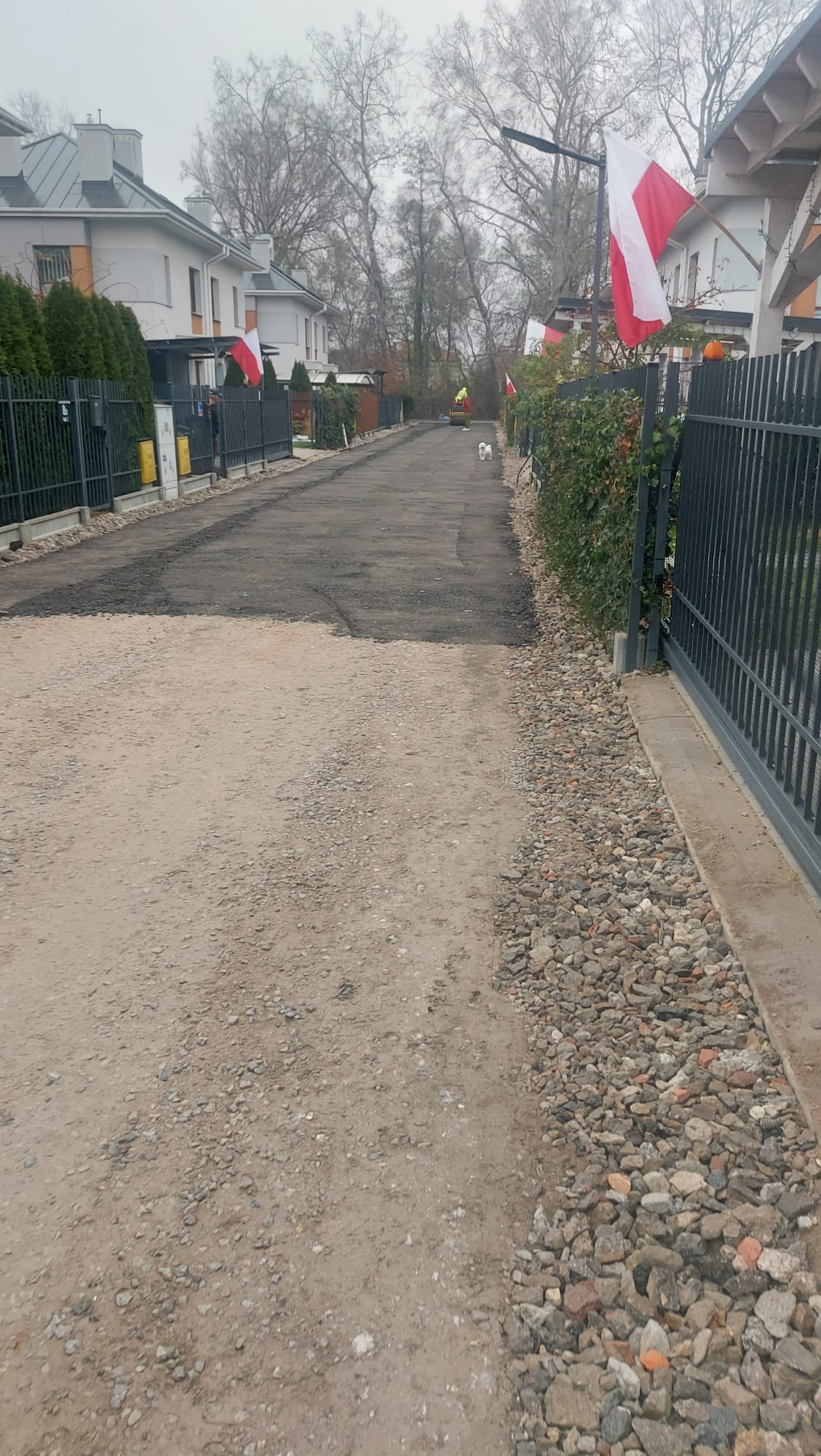 Fragment utwardzonej drogi osiedlowej z widocznymi polskimi flagami na posesjach. W tle maszyna budowlana i pies. Częściowo utwardzona nawierzchnia.