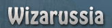 Logo firmy 'Wizarussia' na tle w kolorze niebieskim.