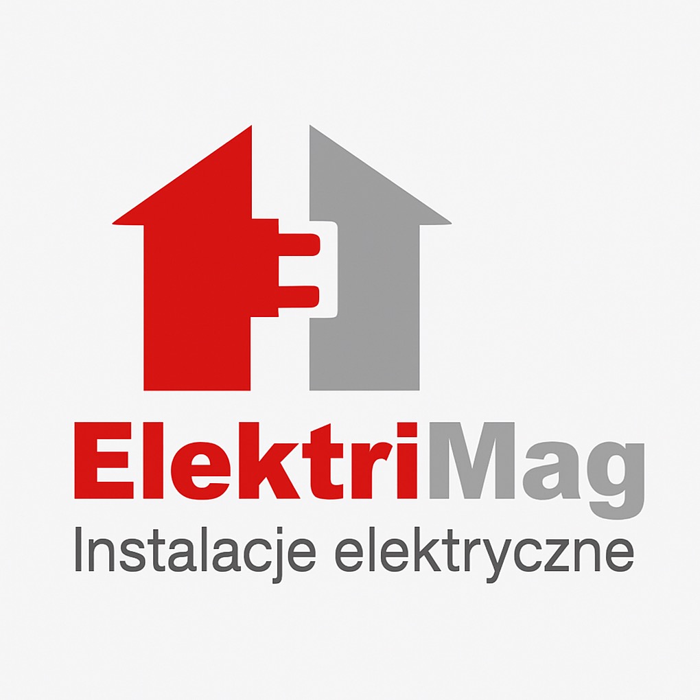 Logo firmy ElektriMag z czerwonym i szarym symbolem domu z wtyczką oraz napisem 'Instalacje elektryczne' na jasnym tle.