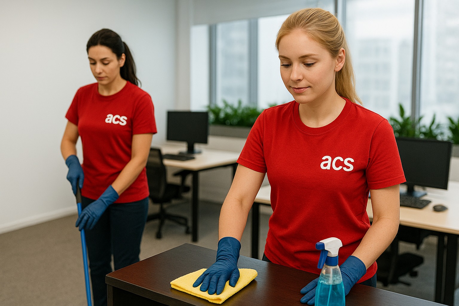 Dwie kobiety w czerwonych koszulkach ACS sprzątają biuro: jedna mopuje podłogę, druga czyści biurko ściereczką i płynem. W tle biurka, krzesła i okno.