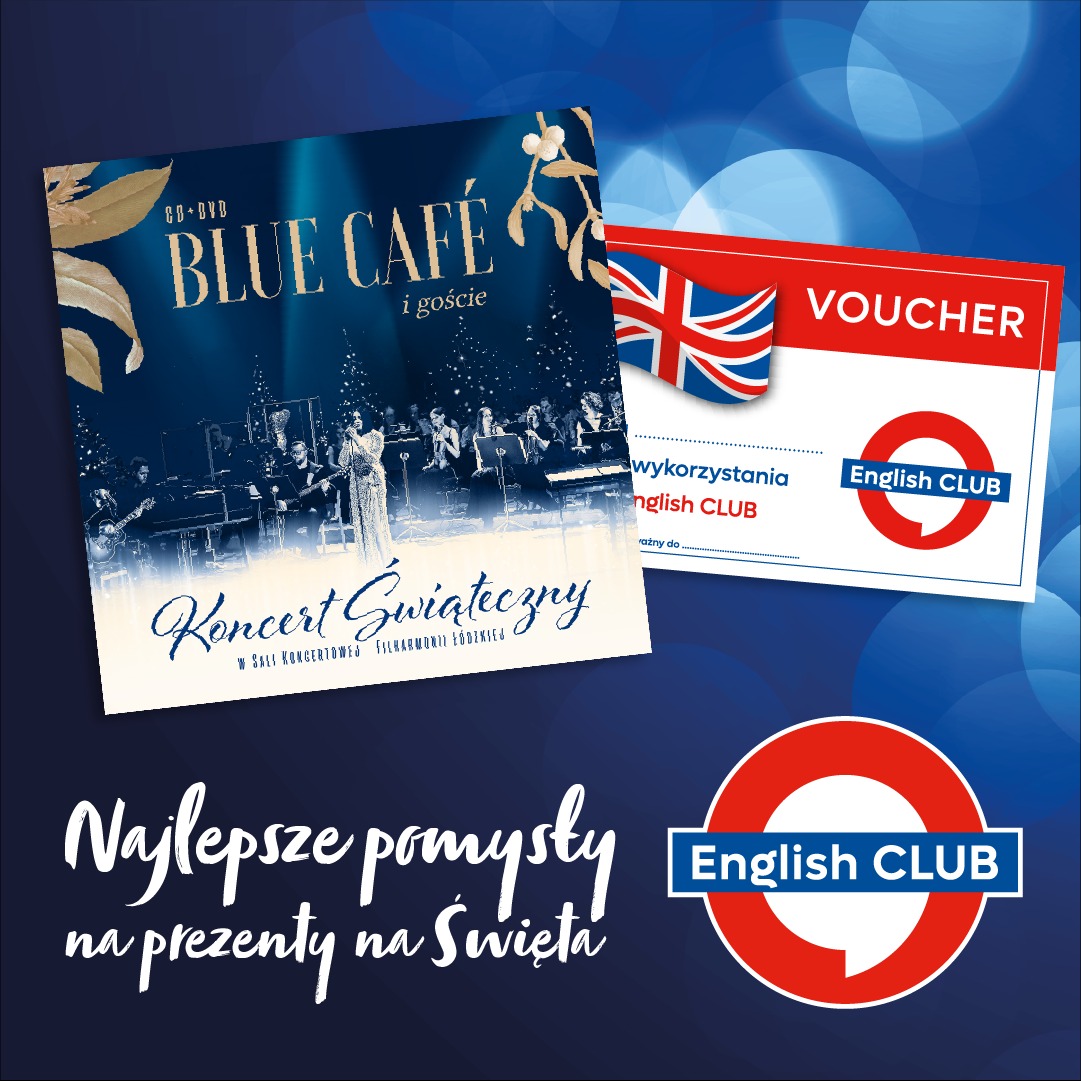 Voucher English Club i okładka płyty Blue Cafe z koncertu świątecznego. Promocja szkoły językowej na tle granatowym z hasłem: Najlepsze pomysły na prezenty na Święta.