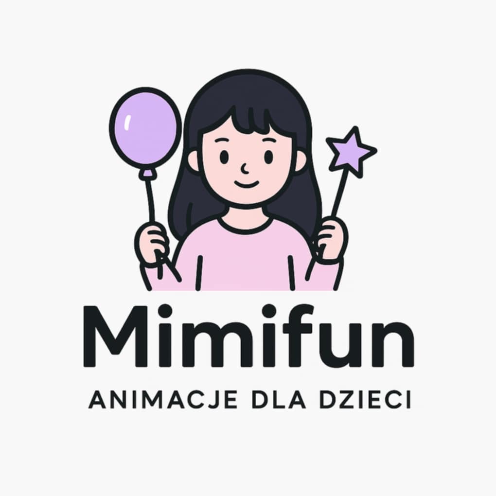 Ilustracja: Stylizowana postać z balonem i gwiazdką, logo 'Mimifun Animacje dla dzieci' na białym tle. Grafika promująca animacje dla dzieci.