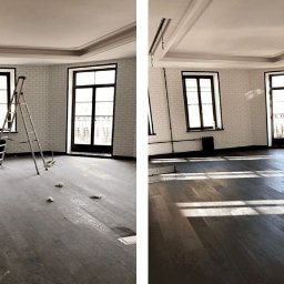 Firma sprzątająca - Porównanie: pokój przed (z drabiną i zabrudzeniami) i po wysprzątaniu. Parkiet odzyskuje blask, wnętrze jasne, z oknami i ceglaną ścianą.