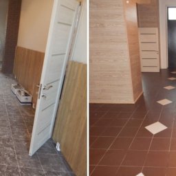 Firma sprzątająca - Zdjęcie 'przed i po' prezentujące korytarz z nową, brązową podłogą. Po lewej stronie widoczni pracownicy podczas czyszczenia starej podłogi.