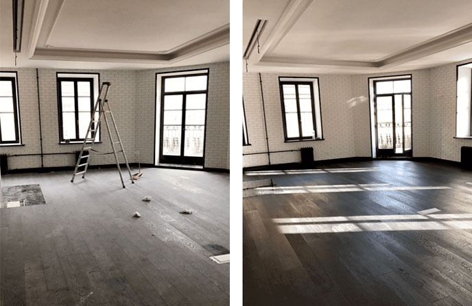 Porównanie: pokój przed (z drabiną i zabrudzeniami) i po wysprzątaniu. Parkiet odzyskuje blask, wnętrze jasne, z oknami i ceglaną ścianą.