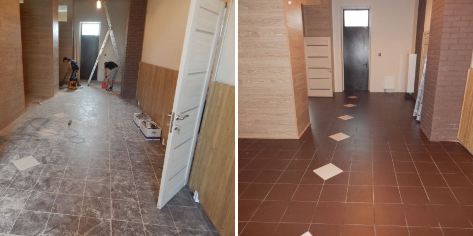 Zdjęcie 'przed i po' prezentujące korytarz z nową, brązową podłogą. Po lewej stronie widoczni pracownicy podczas czyszczenia starej podłogi.