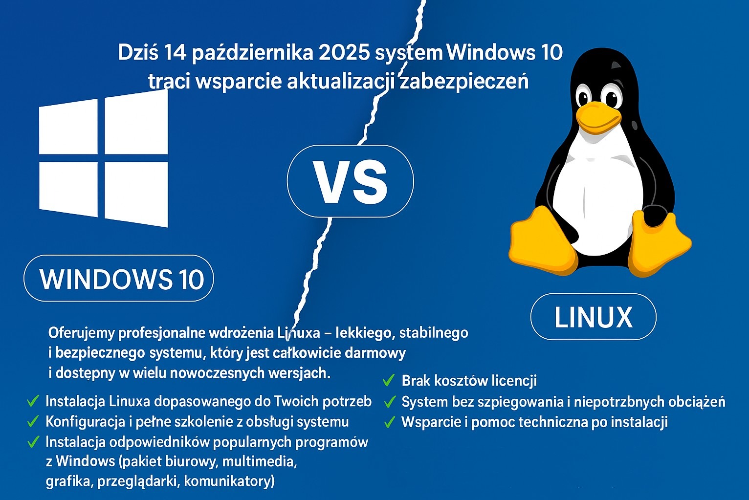 Infografika porównująca Windows 10 i Linux, z informacją o końcu wsparcia Windows 10 w 2025 i zaletach Linuxa: darmowy, bezpieczny, z wsparciem technicznym.