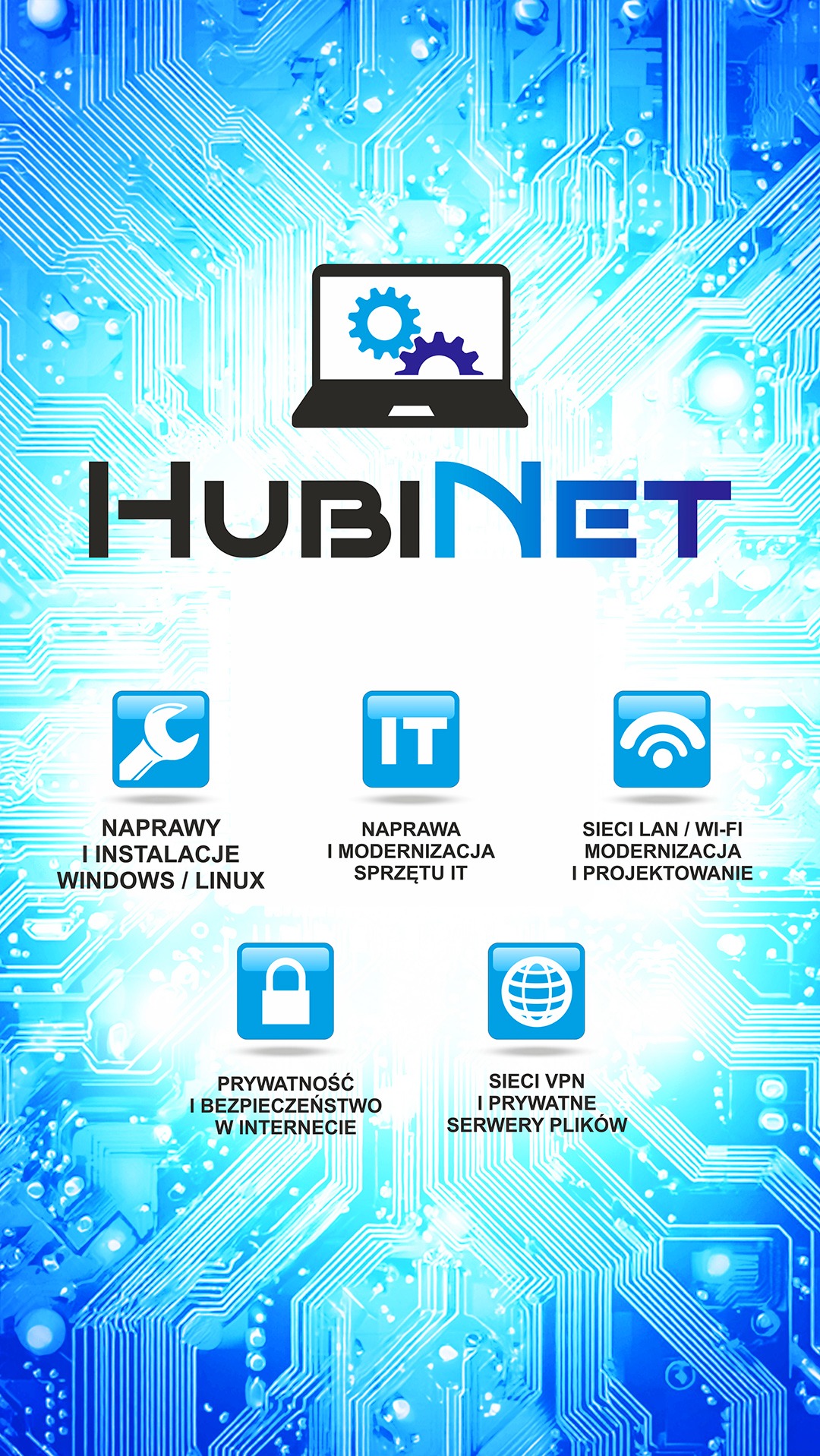 Grafika z logo HubiNet, oferująca naprawy Windows/Linux, sprzętu IT, sieci LAN/Wi-Fi, VPN i serwery plików na tle płyty głównej. Laptop z zębatkami symbolizuje usługi IT.