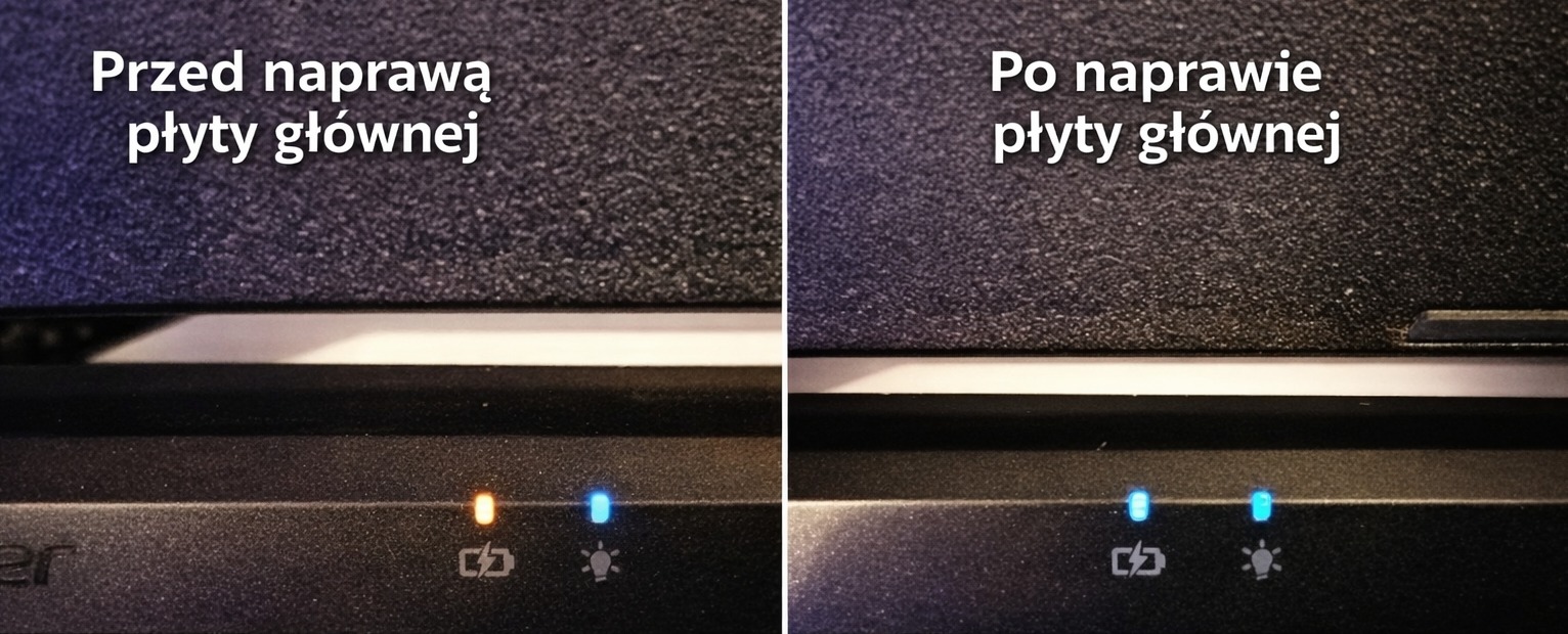 Laptop z diodami LED: pomarańczowa przed naprawą płyty głównej, niebieskie po naprawie. Ujęcie typu 'przed i po' na czarnym tle.