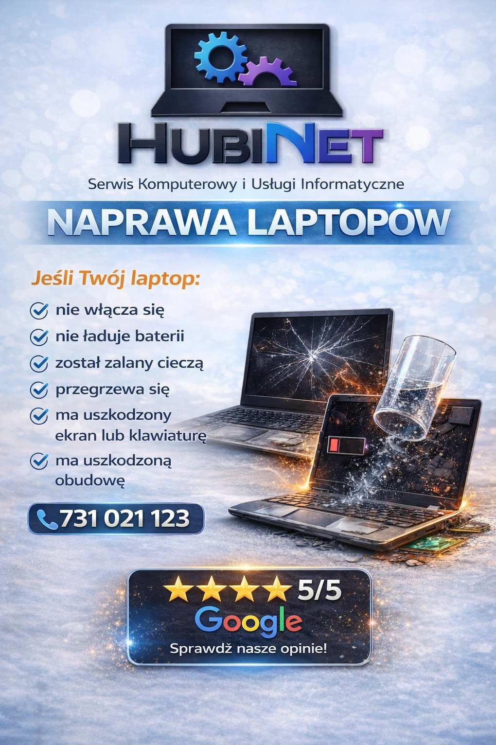Uszkodzone laptopy z pękniętym ekranem i zalaną obudową, symbolizujące potrzebę naprawy. Reklama serwisu komputerowego z numerem telefonu i oceną 5/5 w Google.