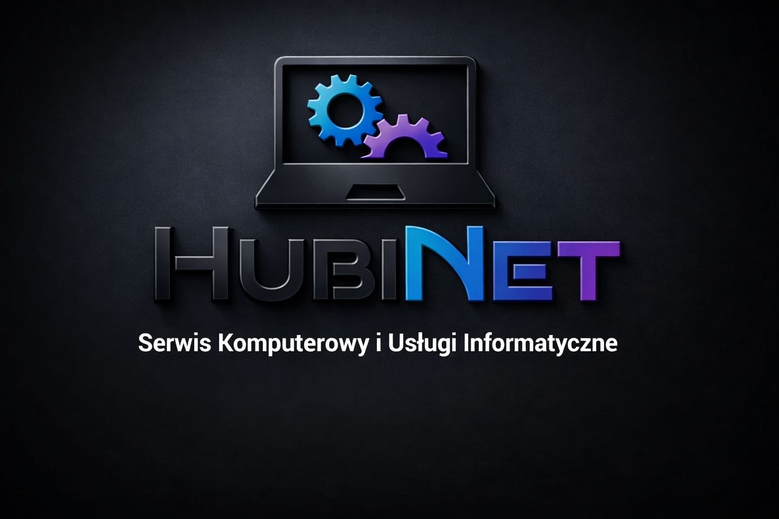 Logo firmy Hubinet: czarny laptop z zębatkami, nazwa firmy w kolorach czarnym, niebieskim i fioletowym, napis 'Serwis Komputerowy i Usługi Informatyczne'.
