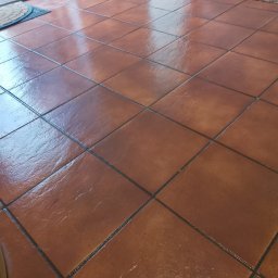 Royal Clean Studio Żaneta Spała - Błyszcząca, terakotowa podłoga z płytek w przedpokoju, po umyciu. Widoczne odbicie światła na czystej powierzchni. Ujęcie z niskiego kąta, podkreślające detale fug.