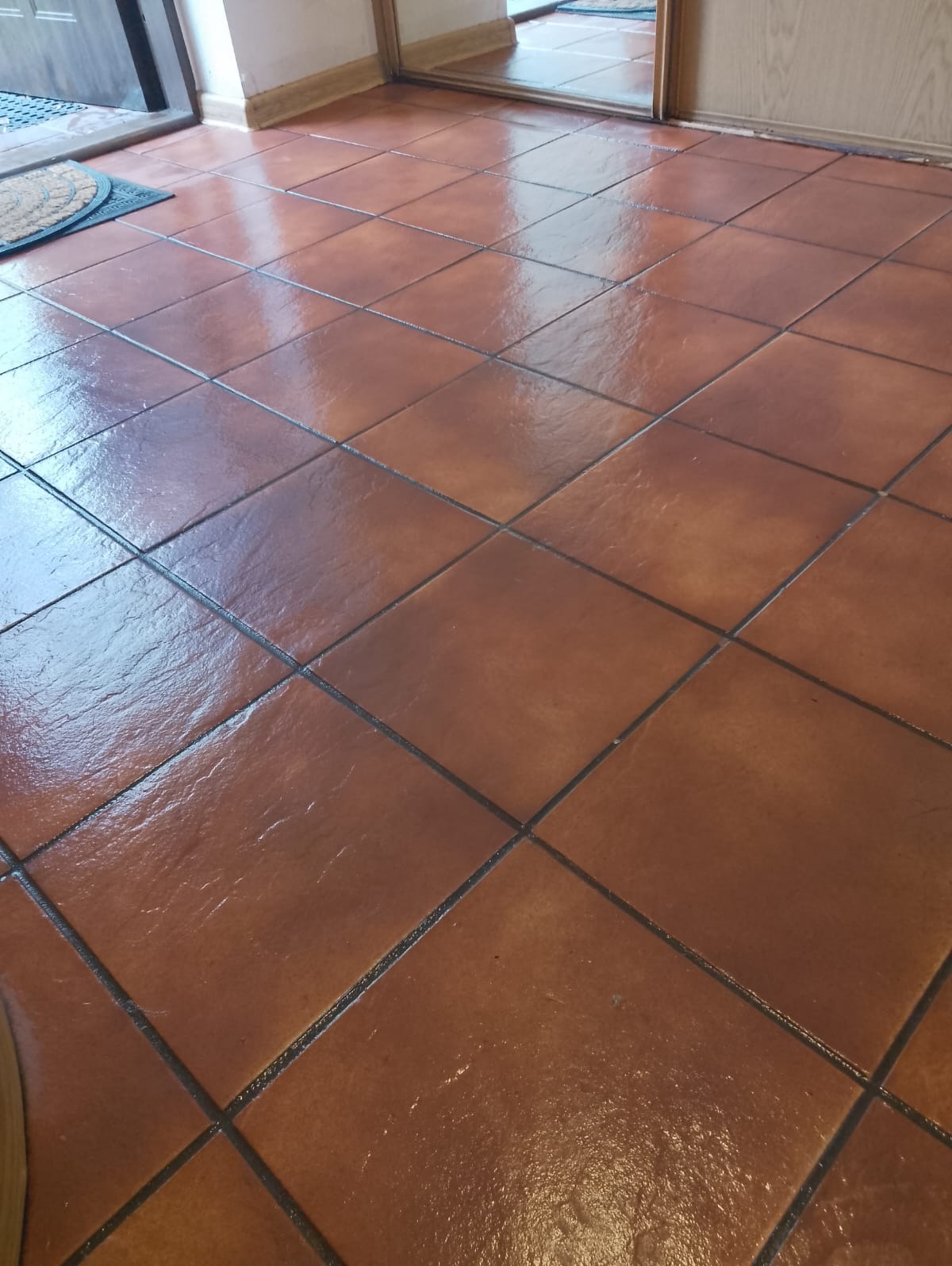 Błyszcząca, terakotowa podłoga z płytek w przedpokoju, po umyciu. Widoczne odbicie światła na czystej powierzchni. Ujęcie z niskiego kąta, podkreślające detale fug.
