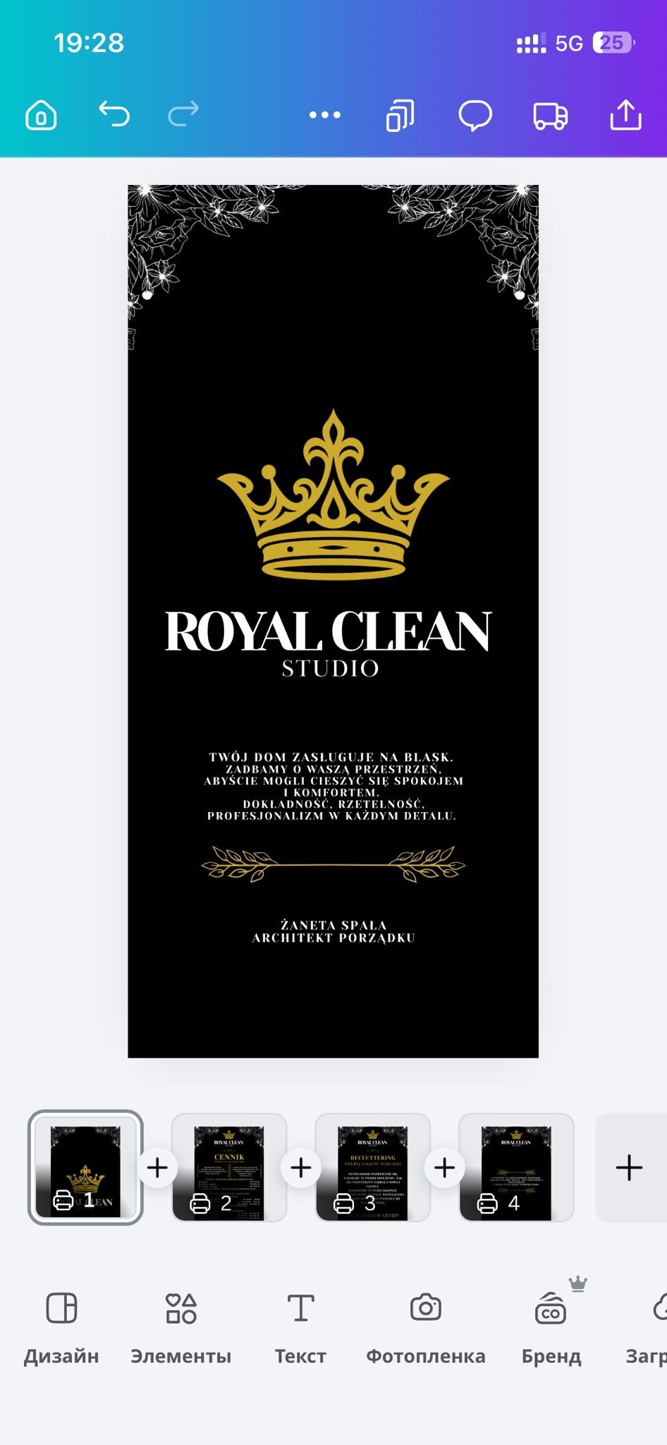 Grafika reklamowa Royal Clean Studio z koroną i tekstem: 'Twój dom zasługuje na blask. Dokładność, rzetelność, profesjonalizm w każdym detalu.'