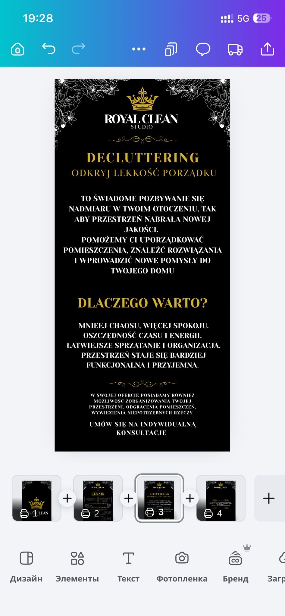 Grafika Royal Clean Studio: Decluttering - odkryj lekkość porządku. Oferta obejmuje organizację przestrzeni, odgracanie pomieszczeń i wywóz niepotrzebnych rzeczy.