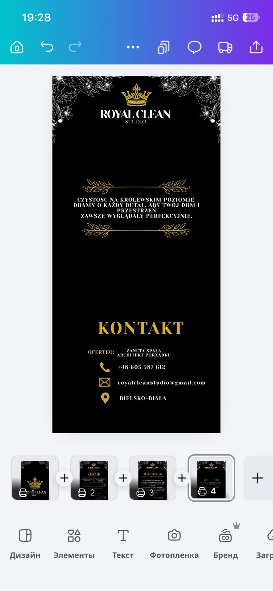 Elegancki baner reklamowy Royal Clean Studio z koroną, informujący o czystości na królewskim poziomie i dbałości o detale. Kontakt: Żaneta Spala, Bielsko-Biała.