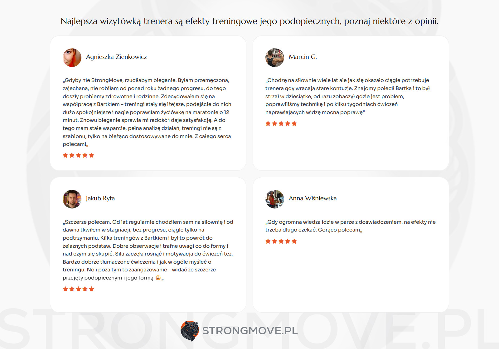 Opinie klientów o trenerze personalnym StrongMove.pl. Referencje zadowolonych osób po treningach, podkreślające poprawę formy i motywacji. Wizytówka trenera.