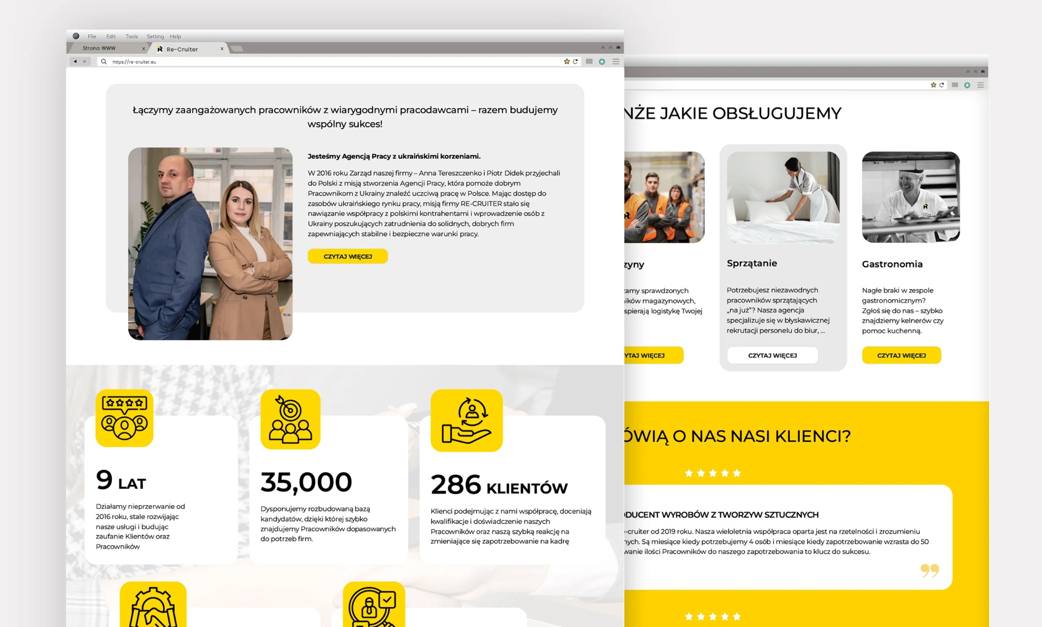 Strona internetowa agencji pracy Re-Cruiter w przeglądarce. Oferta dla firm: rekrutacja pracowników z Ukrainy do gastronomii, sprzątania i magazynów. Statystyki i opinie.