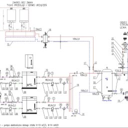 MIR PROJEKT RAFAŁ OLEKSIEWICZ - Schemat instalacji sanitarnej z oznaczeniami, widok z góry. Rysunek techniczny z detalami rur, zbiorników i urządzeń. Kolorowe linie i opisy.