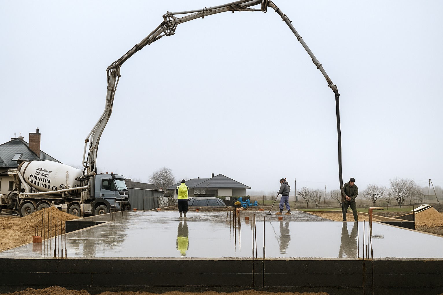 Wylewanie betonu na fundamenty domu jednorodzinnego z użyciem pompy do betonu. Widoczni pracownicy budowlani podczas rozprowadzania betonu. Szare niebo w tle.