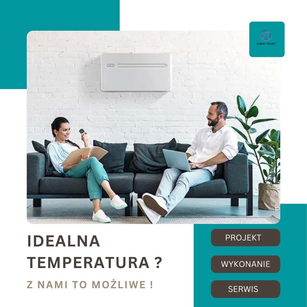 Klimatyzator ścienny w nowoczesnym salonie z parą na kanapie. Reklama z hasłem 'Idealna temperatura? Z nami to możliwe!' Projekt, wykonanie, serwis.