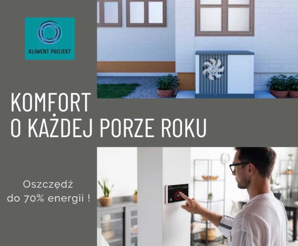 Nowoczesna pompa ciepła przy budynku, sterowana dotykowo przez mężczyznę. Komfort o każdej porze roku, oszczędność energii.