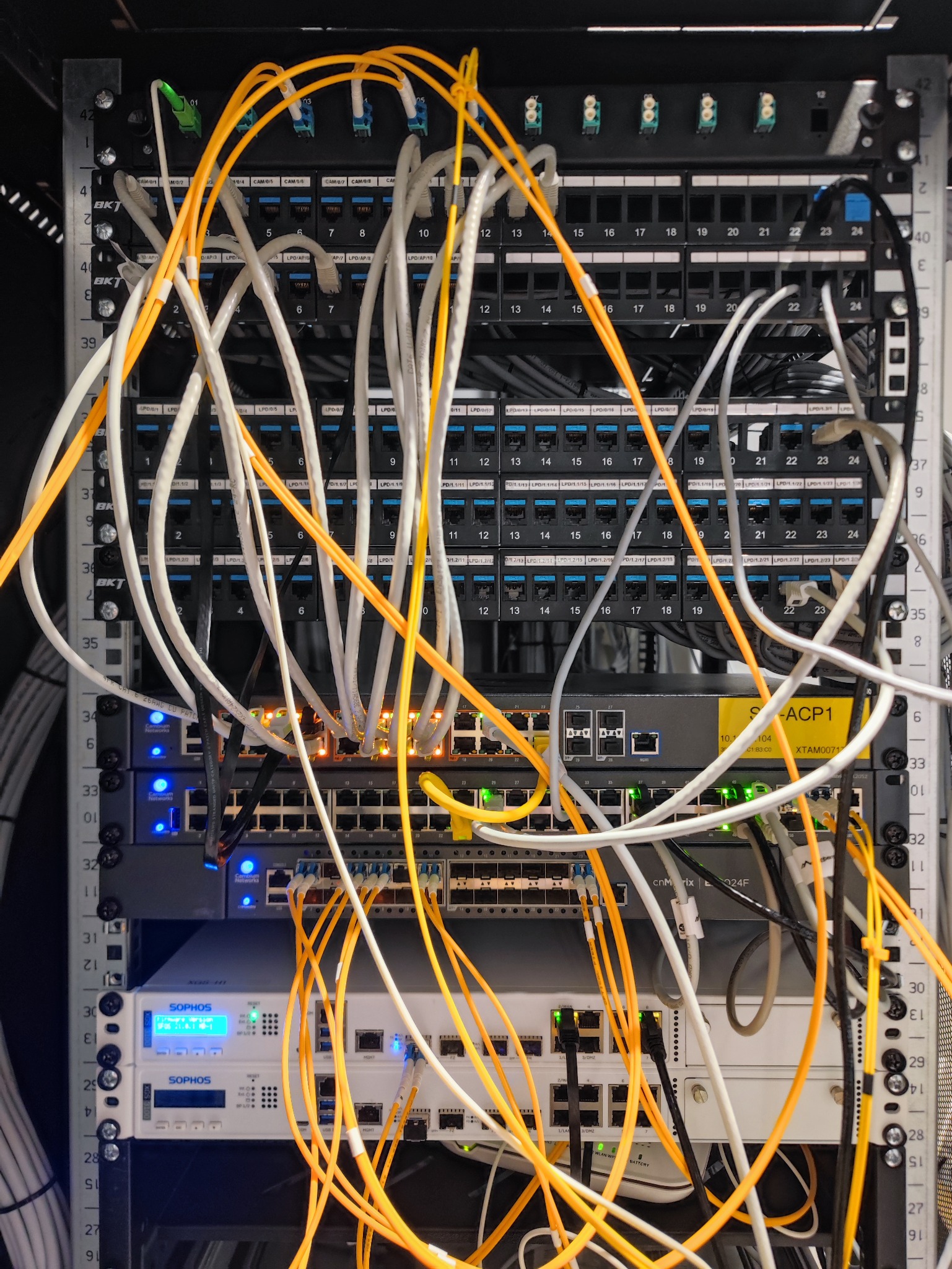 Panel krosowniczy z kablami światłowodowymi i ethernetowymi w serwerowni. Widoczne urządzenia Sophos i Cambium Networks. Przewody w kolorach białym i pomarańczowym.