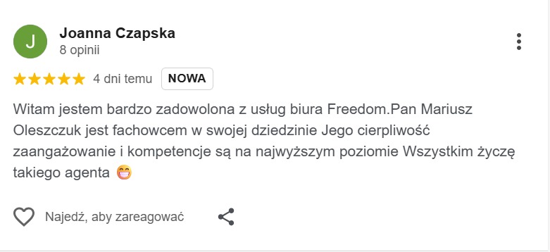 Pozytywna opinia klientki Joanny Czapskiej o biurze Freedom i agencie Mariuszu Oleszczuku, podkreślająca jego fachowość, cierpliwość i zaangażowanie.