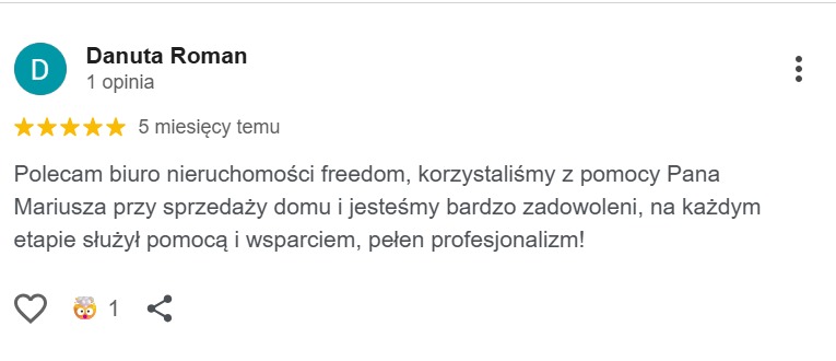 Opinia klientki Danuty Roman o biurze nieruchomości Freedom, zadowolonej ze sprzedaży domu dzięki pomocy Pana Mariusza. Ocena 5 gwiazdek, pełen profesjonalizm.
