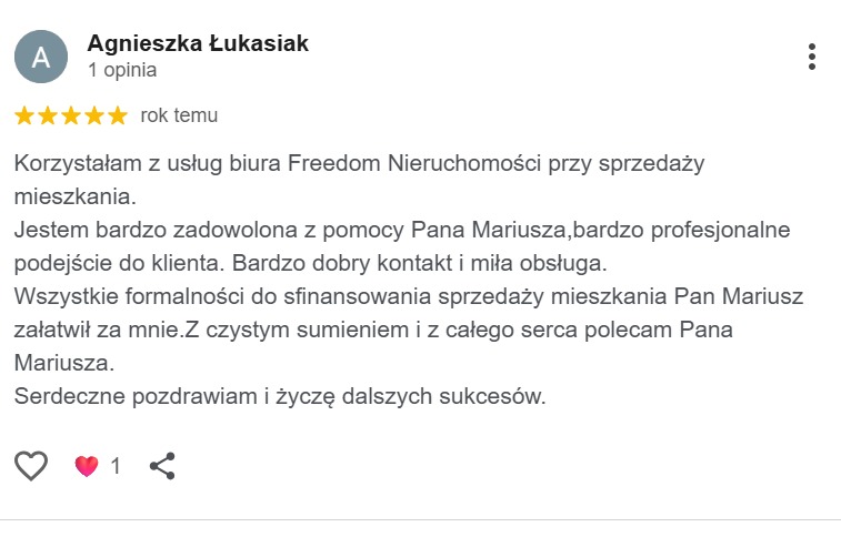 Opinia klientki Agnieszki Łukasiak o biurze Freedom Nieruchomości, zadowolonej ze sprzedaży mieszkania i profesjonalnej obsługi Pana Mariusza. Ocena 5 gwiazdek.