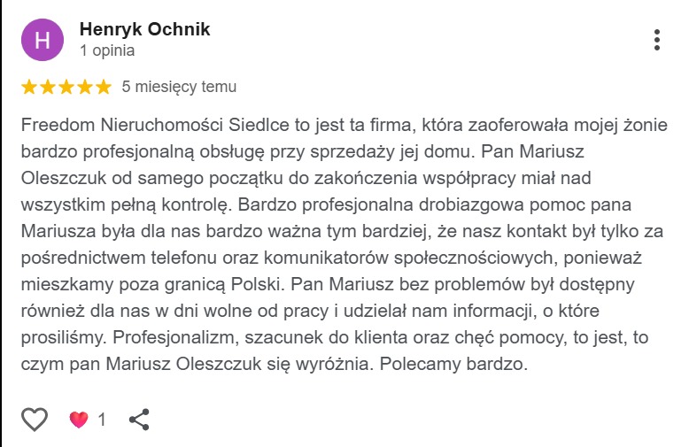 Pozytywna opinia klienta o Freedom Nieruchomości Siedlce, chwaląca profesjonalizm i pomoc przy sprzedaży domu, z dostępnością i kontaktem zdalnym.