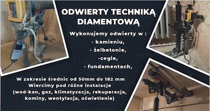 Odwierty techniką diamentową w kamieniu, żelbetonie, cegle i fundamentach. Wiercenie pod instalacje wod-kan, gaz, klimatyzację, wentylację i oświetlenie.