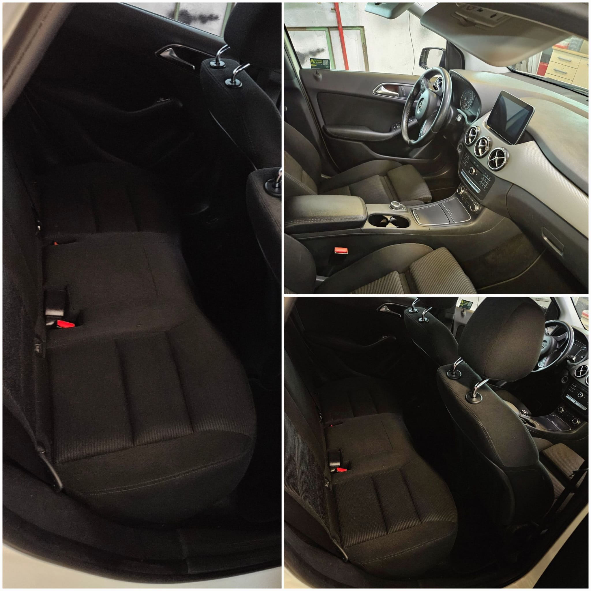 Wnętrze czarnego samochodu osobowego po czyszczeniu. Widoczne fotele, deska rozdzielcza i kierownica. Ujęcie z różnych perspektyw, prezentujące detale i ogólny stan.