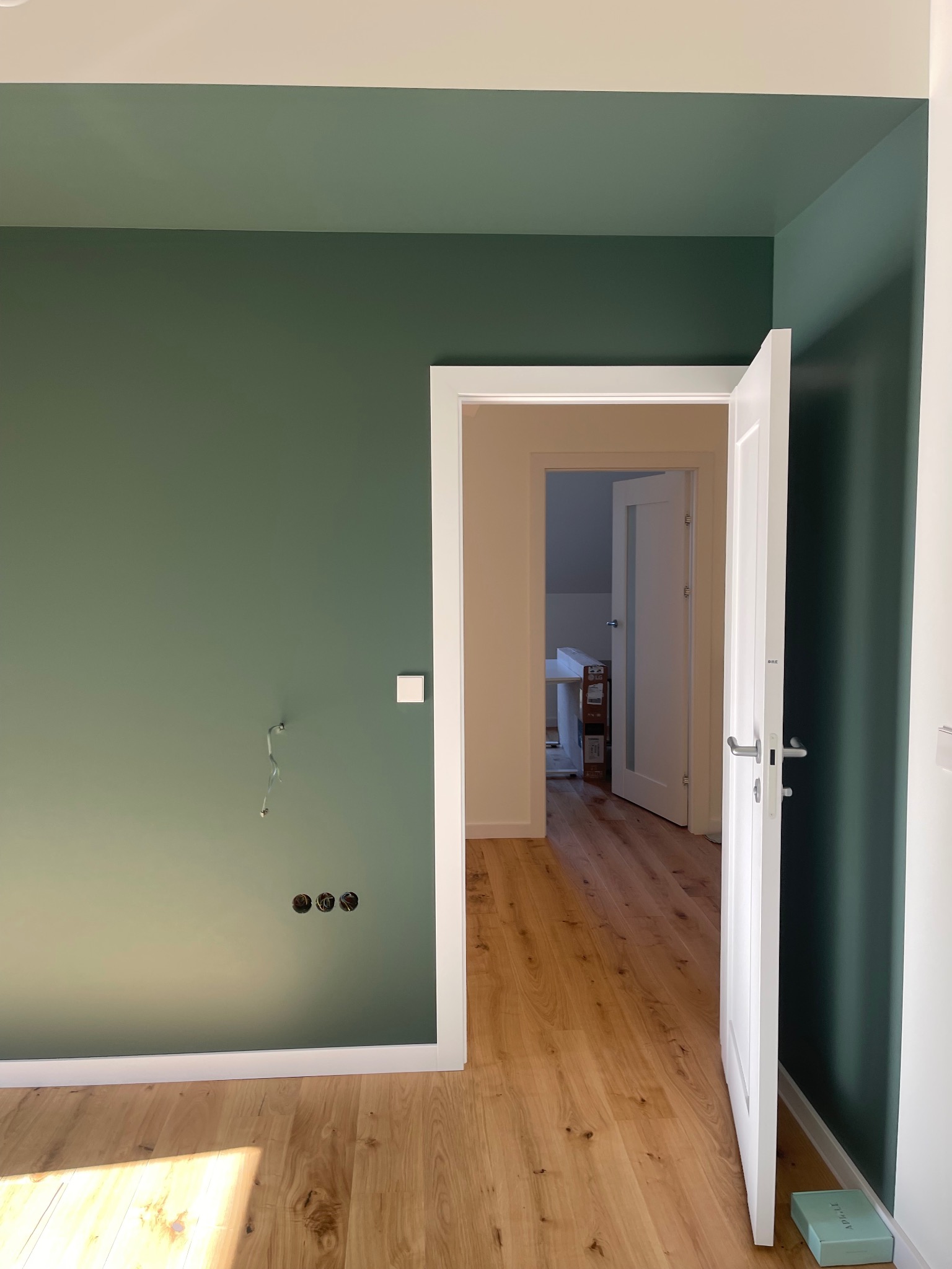 Świeżo pomalowane na zielono wnętrze z drewnianą podłogą i otwartymi białymi drzwiami, ukazujące dalsze pomieszczenia. Widoczne gniazdka elektryczne i włącznik.