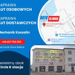Firma Handlowo-Uslugowa - Budynek warsztatu samochodowego z reklamą usług: naprawa aut osobowych i dostawczych, wulkanizacja, komis. Mapa z lokalizacją warsztatu w Starym Bielicach.