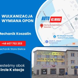 Firma Handlowo-Uslugowa - Budynek warsztatu samochodowego z reklamą usług wulkanizacji i komisu, mapa z lokalizacją 'Auto Klinika Stare Bielice' i numer telefonu.