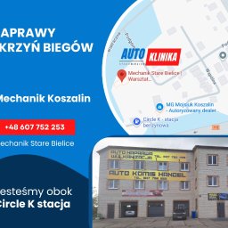 Firma Handlowo-Uslugowa - Budynek warsztatu samochodowego z reklamą usług: naprawa, wulkanizacja, komis. Mapa z lokalizacją warsztatu. Napis: Naprawy skrzyń biegów, Mechanik Koszalin.