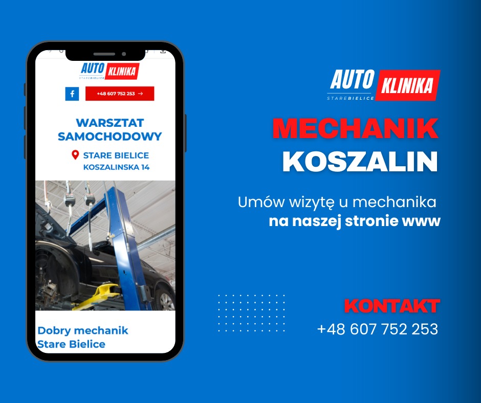 Reklama warsztatu samochodowego Auto Klinika w Starych Bielicach na ekranie smartfona. Widoczny podnośnik i auto w warsztacie. Kontakt i adres.