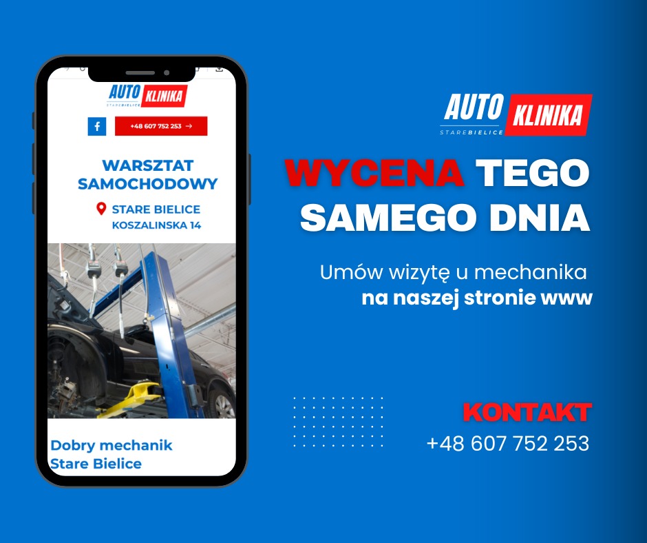 Reklama warsztatu samochodowego Auto Klinika na ekranie smartfona. Oferta: wycena tego samego dnia, kontakt, adres. Auto na podnośniku w tle.