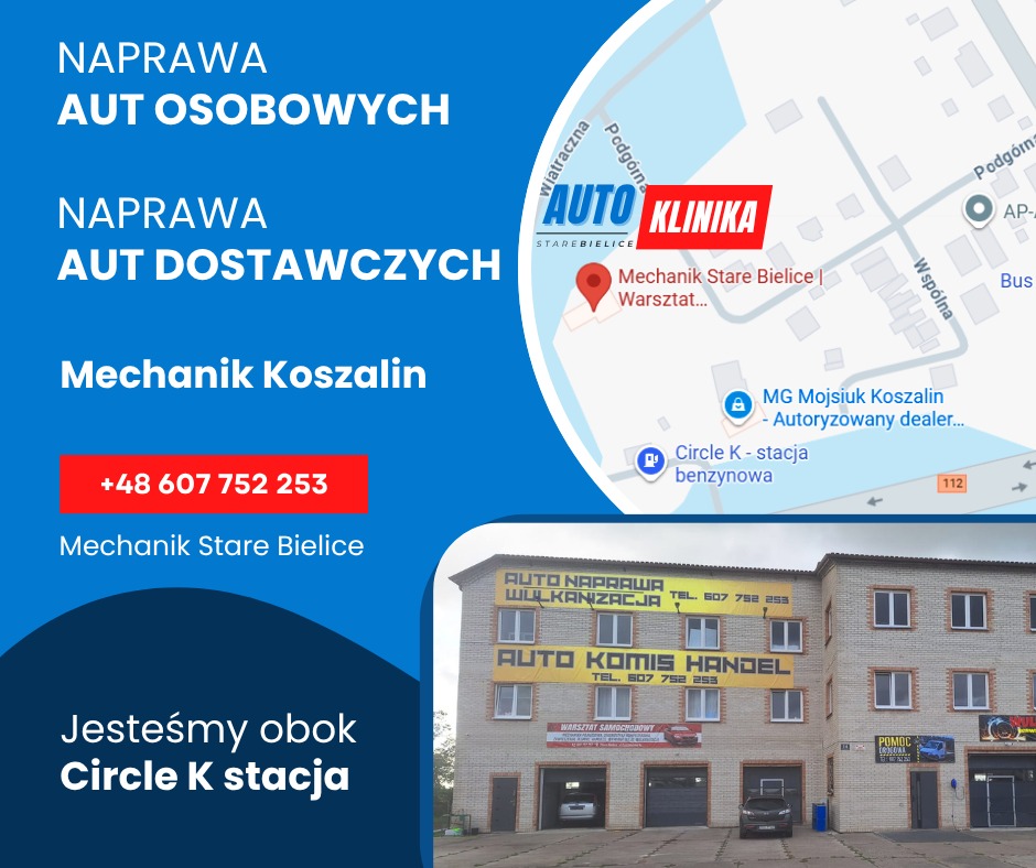 Budynek warsztatu samochodowego z reklamą usług: naprawa aut osobowych i dostawczych, wulkanizacja, komis. Mapa z lokalizacją warsztatu w Starym Bielicach.