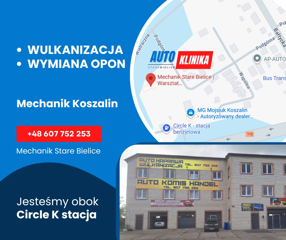 Budynek warsztatu samochodowego z reklamą usług wulkanizacji i komisu, mapa z lokalizacją 'Auto Klinika Stare Bielice' i numer telefonu.