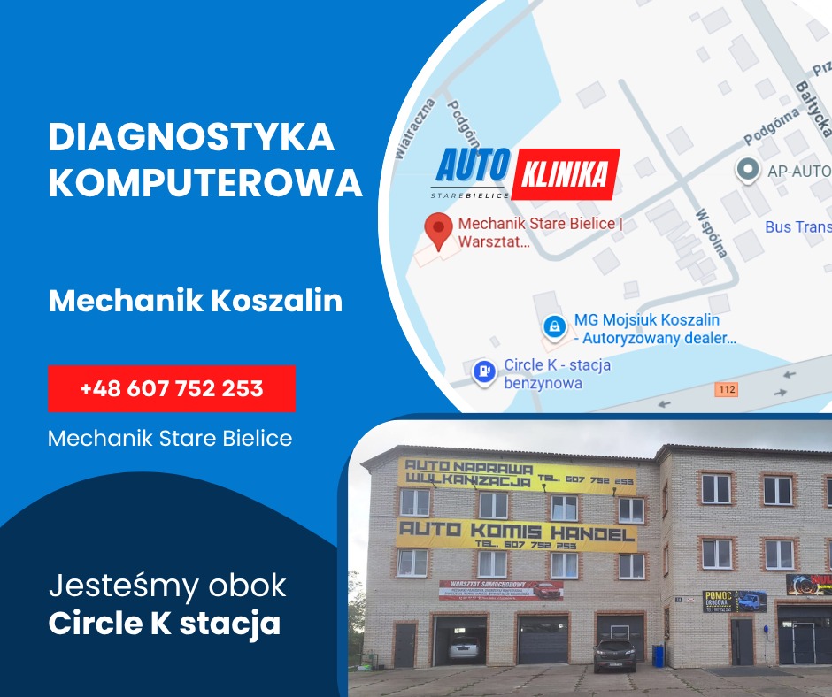 Warsztat samochodowy Auto Klinika Stare Bielice z mapą dojazdu i numerem telefonu. Budynek z napisem 'Auto Naprawa Wulkanizacja' i 'Auto Komis Handel'.