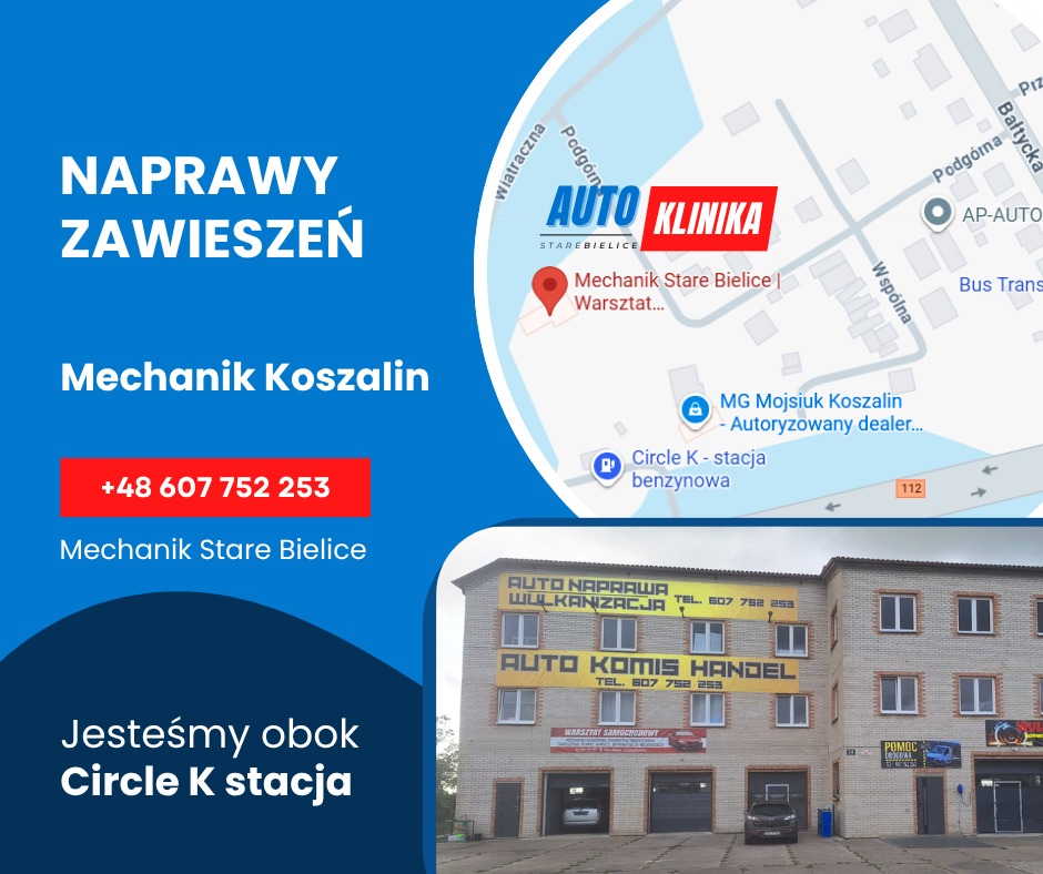 Budynek warsztatu samochodowego z reklamą napraw zawieszeń, wulkanizacji i komisu. Mapa z lokalizacją warsztatu i numer telefonu. Koszalin, Stare Bielice.
