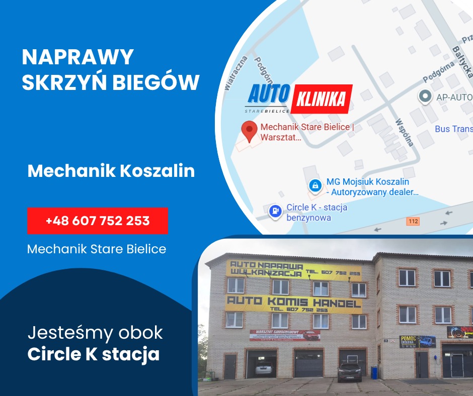 Budynek warsztatu samochodowego z reklamą usług: naprawa, wulkanizacja, komis. Mapa z lokalizacją warsztatu. Napis: Naprawy skrzyń biegów, Mechanik Koszalin.