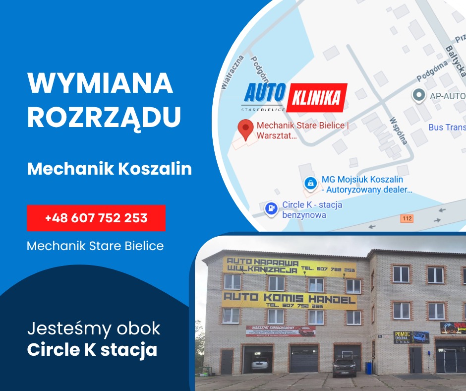 Warsztat samochodowy Auto Klinika Stare Bielice z ofertą wymiany rozrządu, widoczny budynek, mapa dojazdu i numer telefonu. Jesteśmy obok Circle K.