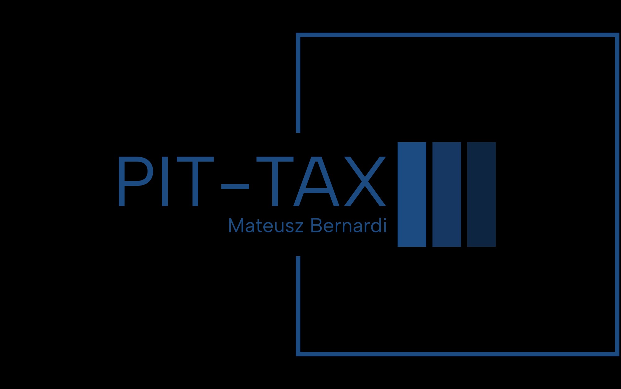 Logo firmy PIT-TAX Mateusz Bernardi na czarnym tle, z trzema pionowymi, niebieskimi paskami i obramowaniem w kształcie kwadratu. Minimalistyczny design.